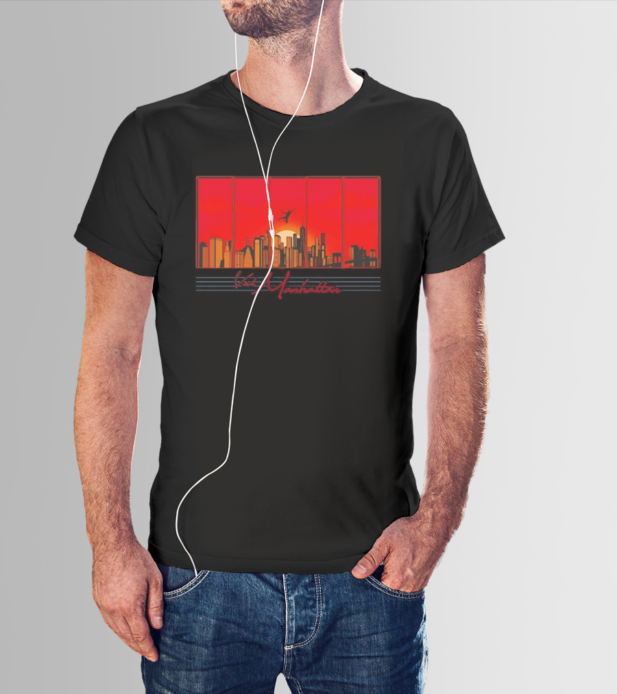 Visit Manhattan Skyline Sunlit Silhouette Red Sunset T-Shirt