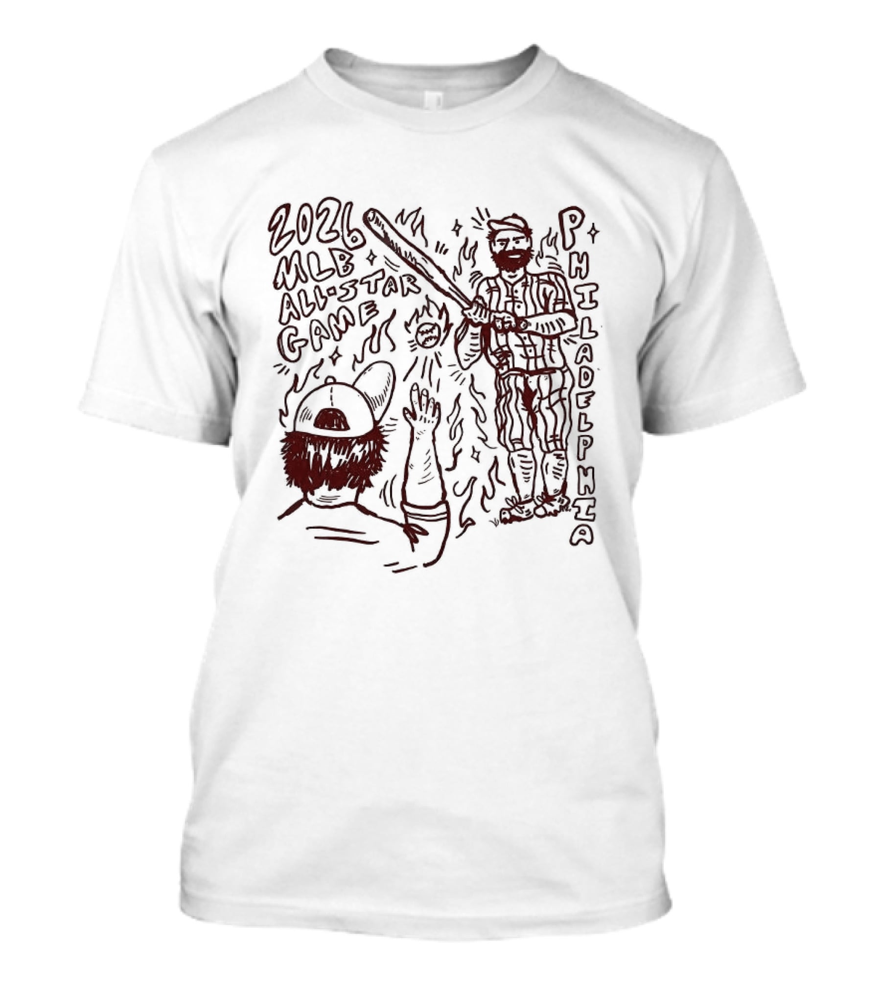 2026 MLB All Star Game Philadelphia Baseball Player And Bat With Flames And Cap T-Shirt