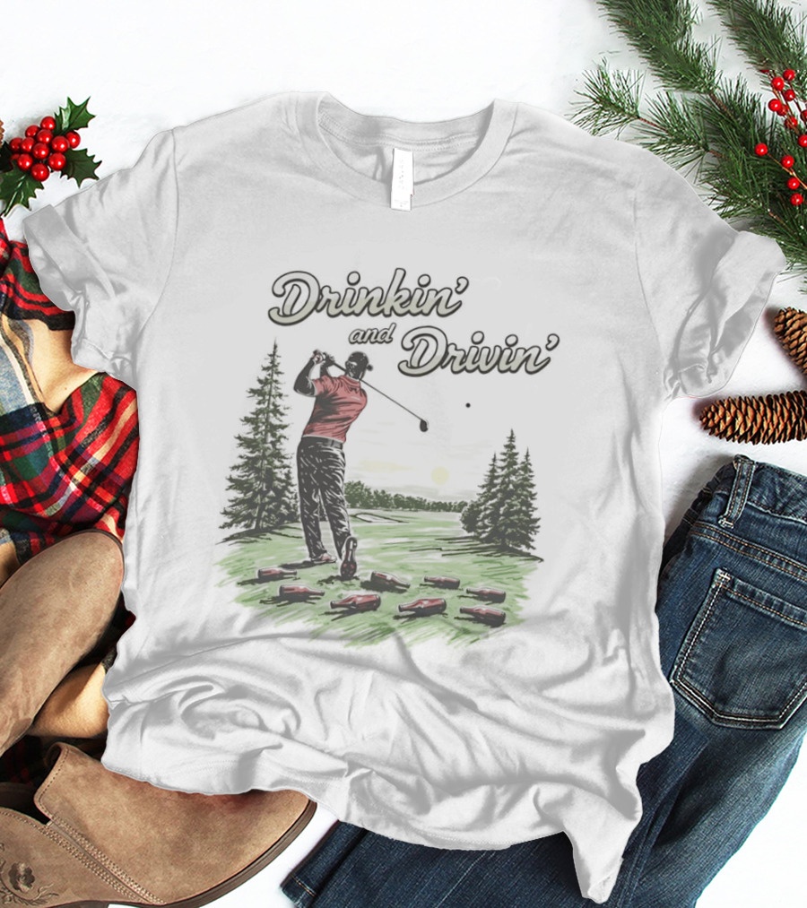 Drinkin' And Drivin' Man Playing Golf With Sunset And Trees T-Shirt