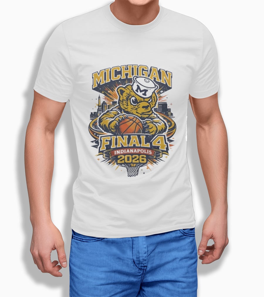 Michigan Wolverines Final Four 2026 Indianapolis Skyline Basketball Bear T-Shirt