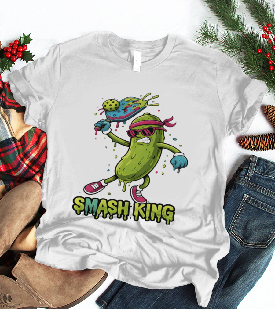 Smash King Pickleball Pickle Character With Paddle And Ball T-Shirt