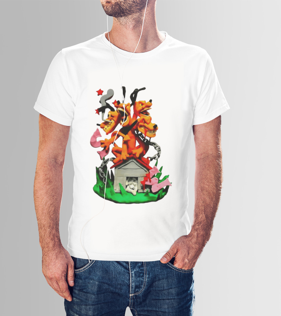 Three Head Monster Dog Cerberus Cartoon Chain House Statue T-Shirt