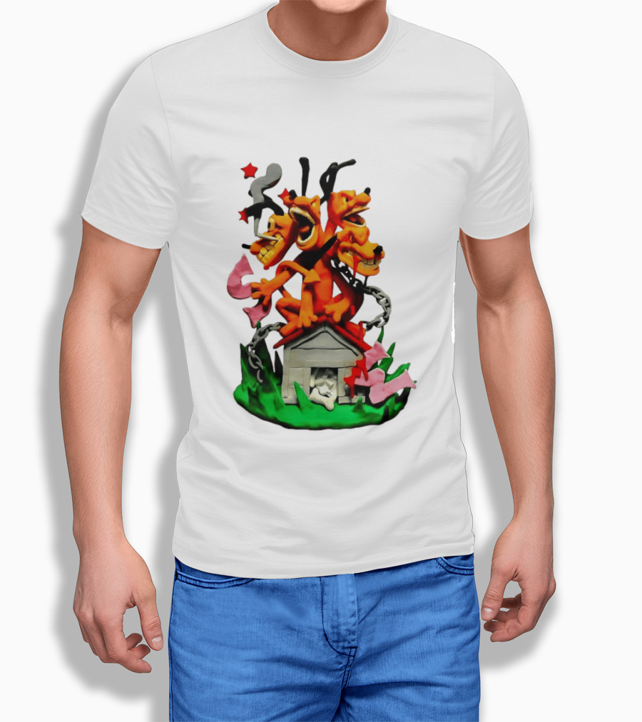 Three Head Monster Dog Cerberus Cartoon Chain House Statue T-Shirt