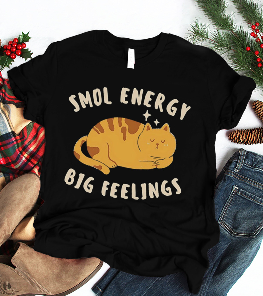Smol Energy Big Feelings Cat Illustration With Sleepy Kitty Vibes T-Shirt