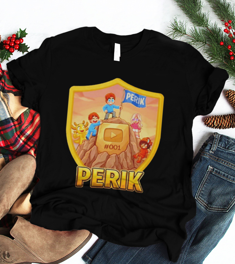 Perik #001 Cartoon Characters On Mountain With YouTube Play Button Image T-Shirt
