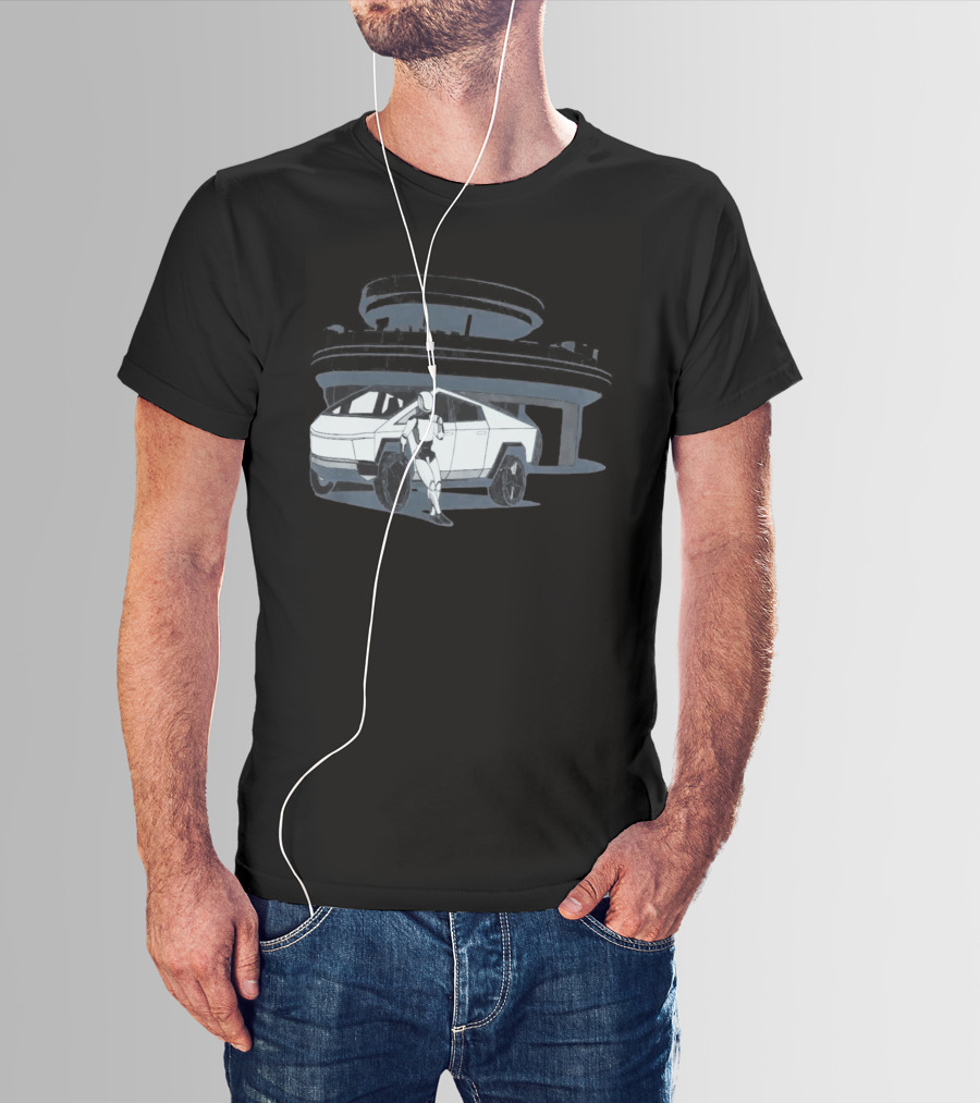 Tesla Cybertruck And Robot At Space Age Coffee Counter T-Shirt