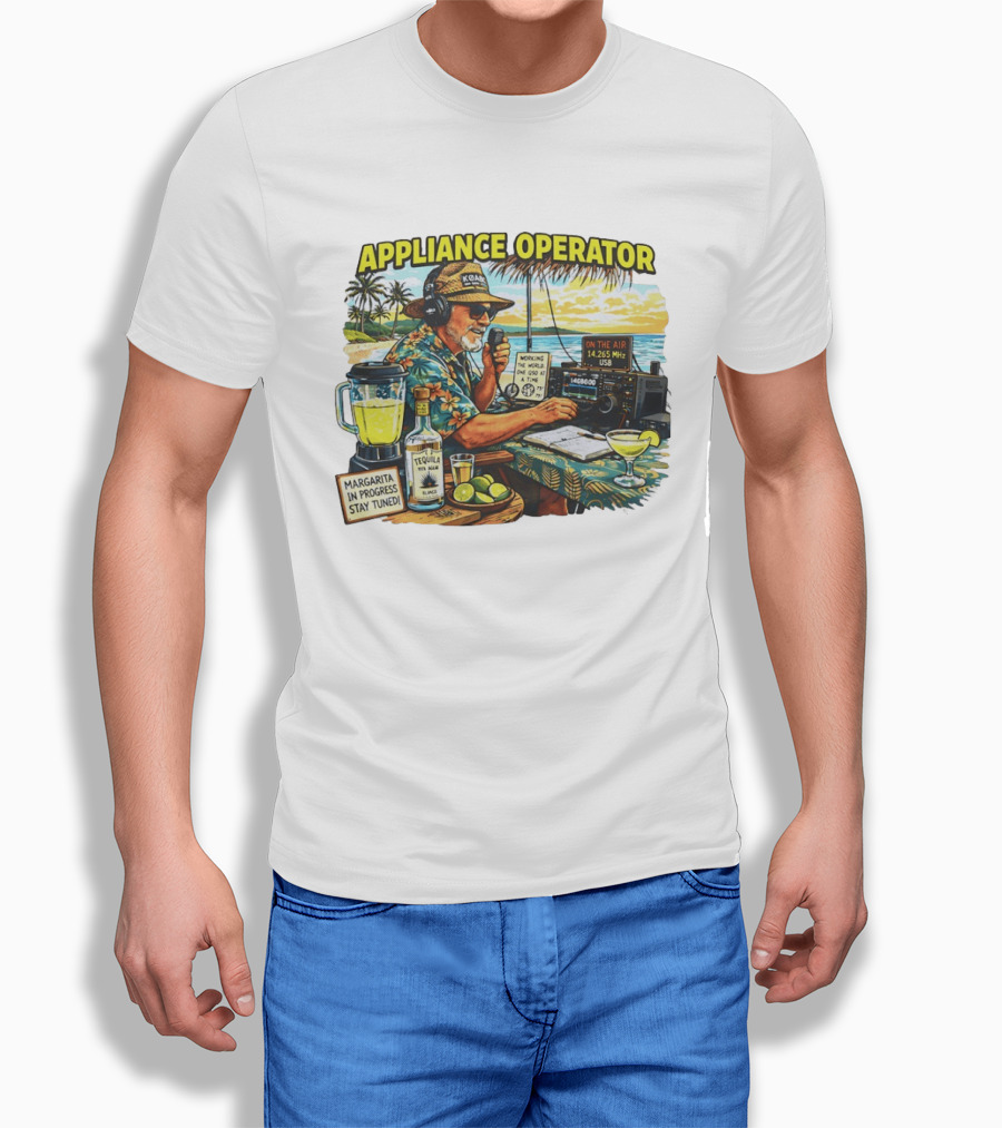Appliance Operator Radio Margarita In Progress Stay Tuned Beach Tropical Scene T-Shirt