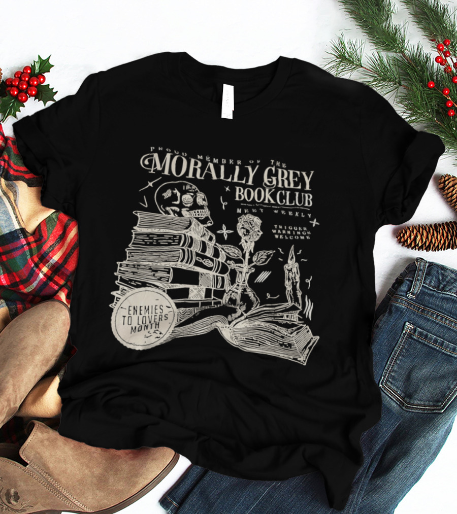 Morally Grey Book Club Skull Candle Rose Stacked Books Open Pages Stars T-Shirt