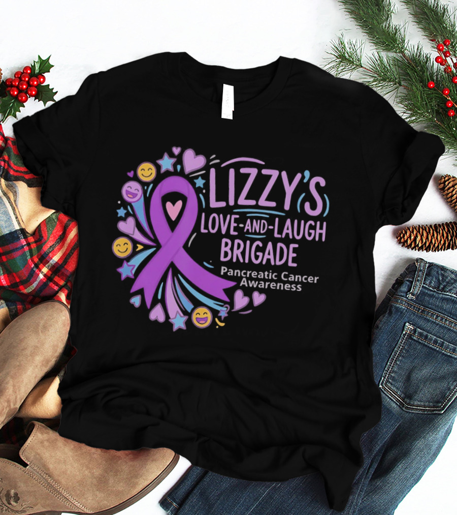 Lizzy's Love And Laugh Brigade Pancreatic Cancer Awareness Purple Ribbon Hearts And Smiles T-Shirt
