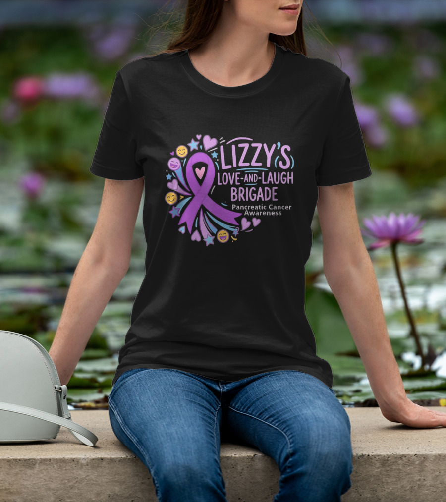 Lizzy's Love And Laugh Brigade Pancreatic Cancer Awareness Purple Ribbon Hearts And Smiles T-Shirt