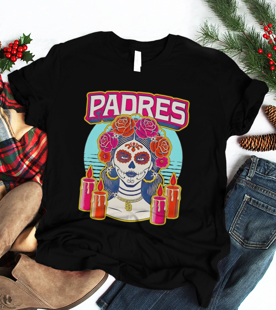San Diego Padres La Catrina Dia De Los Muertos Candles And Flowers T-Shirt