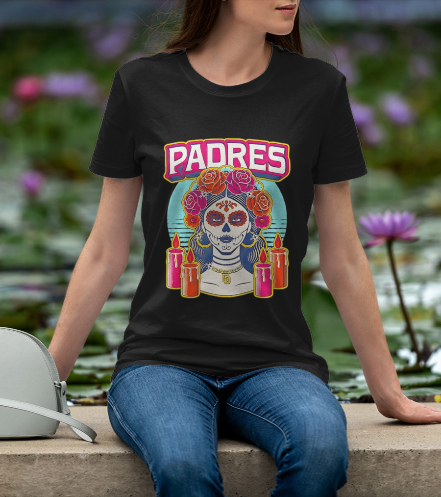 San Diego Padres La Catrina Dia De Los Muertos Candles And Flowers T-Shirt