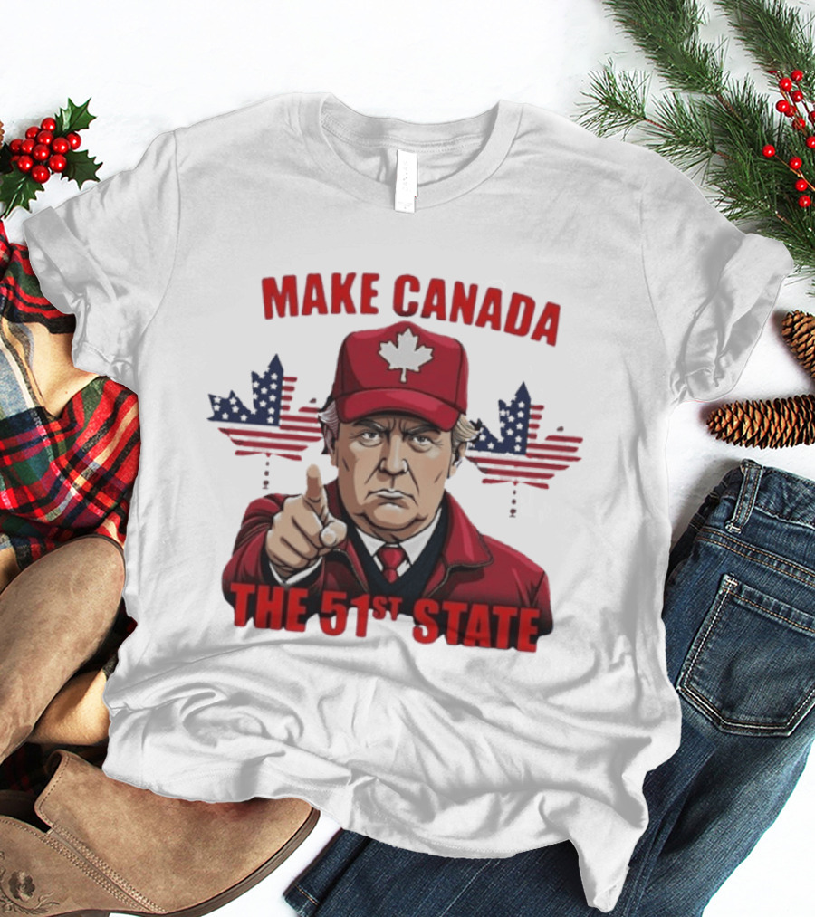 Make Canada The 51st State Trump Red Cap Maple Leaf Stars Stripes T-Shirt