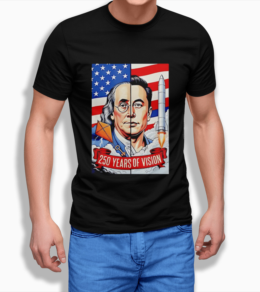Benjamin Franklin Elon Musk Face American Flag Rocket Kite Key 250 Years Of Vision T-Shirt