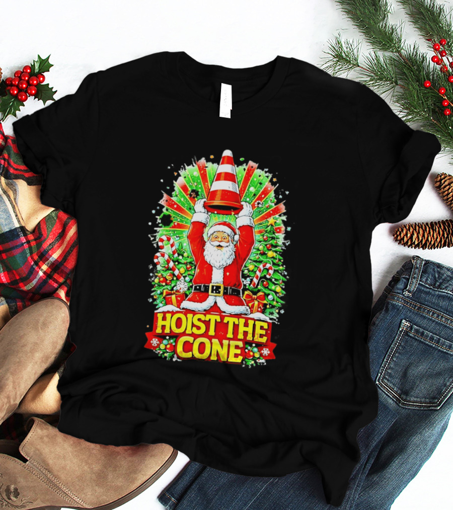 Santa Hoist The Cone Christmas Lights Tree Candy Canes T-Shirt