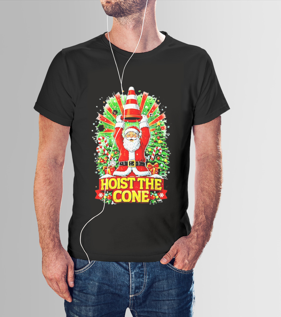 Santa Hoist The Cone Christmas Lights Tree Candy Canes T-Shirt