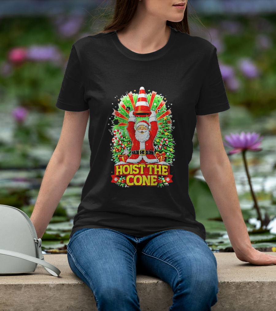 Santa Hoist The Cone Christmas Lights Tree Candy Canes T-Shirt