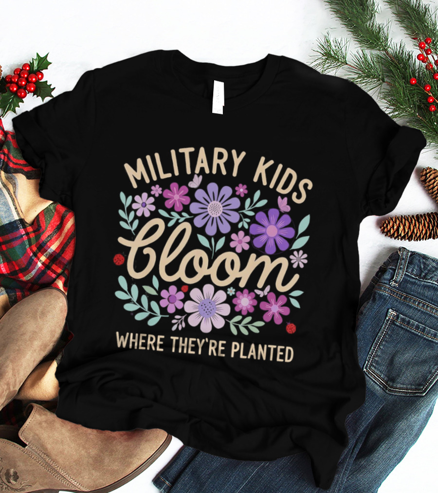 Military Kids Bloom Where They're Planted Purple Floral Dandelion T-Shirt