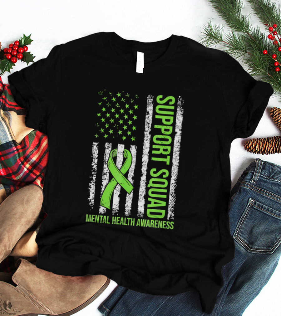 Support Squad US Flag Green Ribbon Mental Health Awareness T-Shirt