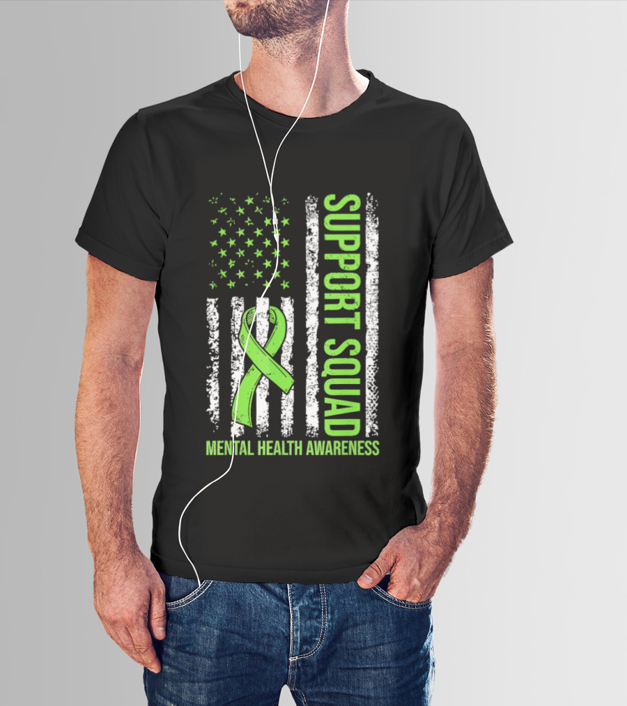 Support Squad US Flag Green Ribbon Mental Health Awareness T-Shirt