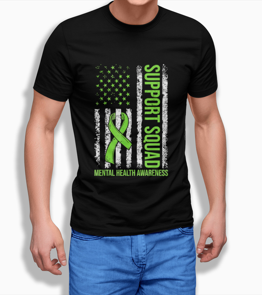 Support Squad US Flag Green Ribbon Mental Health Awareness T-Shirt