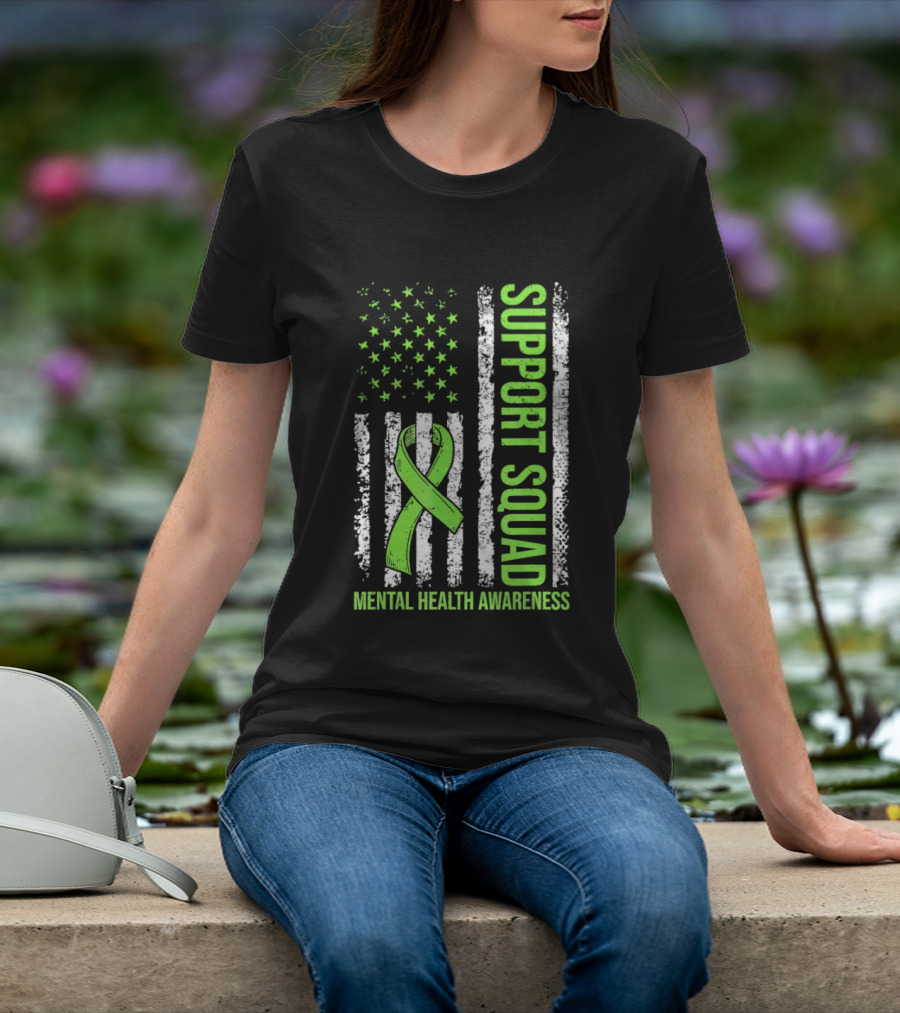 Support Squad US Flag Green Ribbon Mental Health Awareness T-Shirt