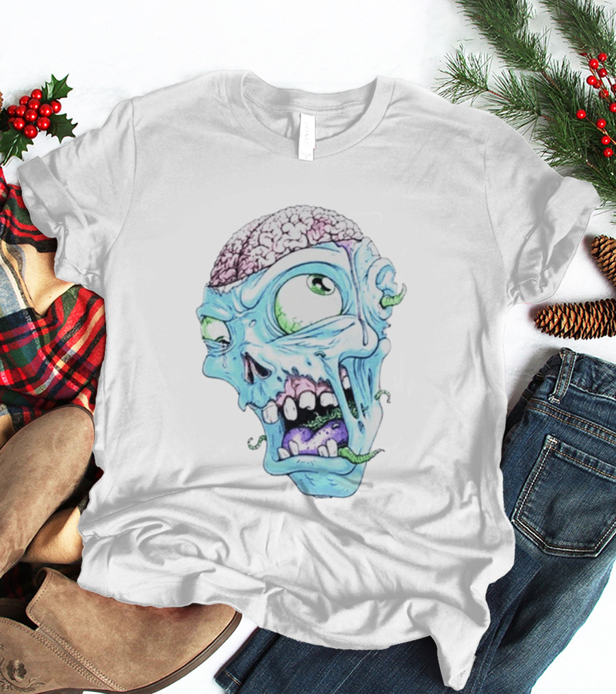 Annoyed Monster Head Zombie Skull Illustration With Exposed Brain And Worms T-Shirt