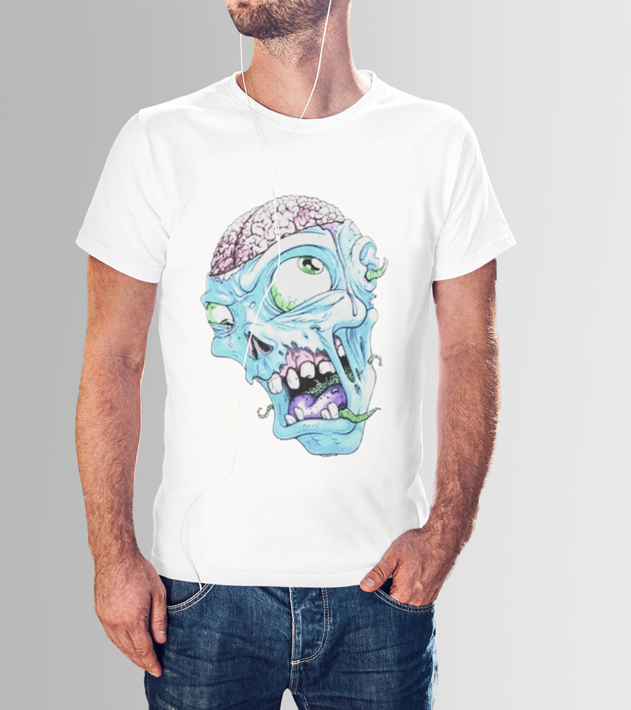 Annoyed Monster Head Zombie Skull Illustration With Exposed Brain And Worms T-Shirt