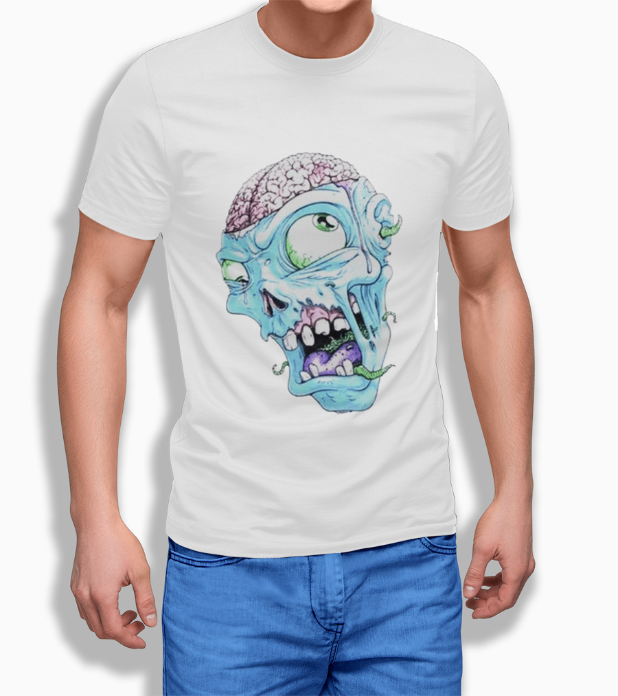 Annoyed Monster Head Zombie Skull Illustration With Exposed Brain And Worms T-Shirt