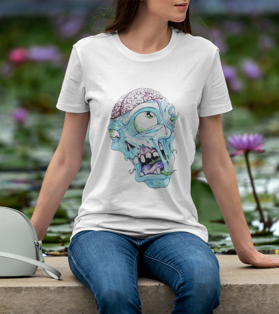 Annoyed Monster Head Zombie Skull Illustration With Exposed Brain And Worms T-Shirt