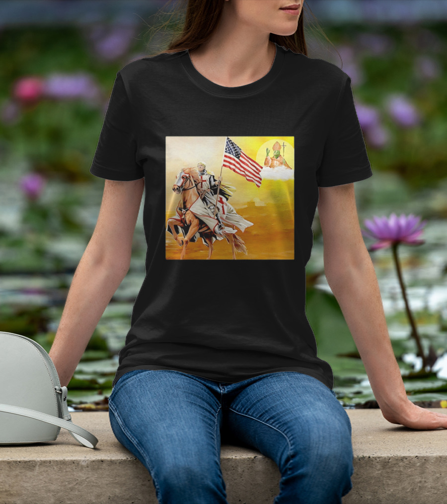 Donald Trump Crusader Knight With American Flag Riding Horse T-Shirt
