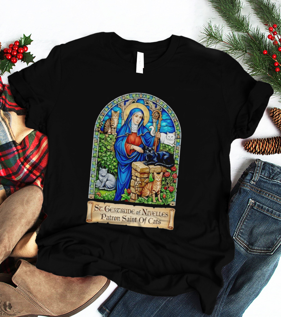 St. Gertrude Of Nivelles Patron Saint Of Cats Iconic Stained Glass Cat T-Shirt