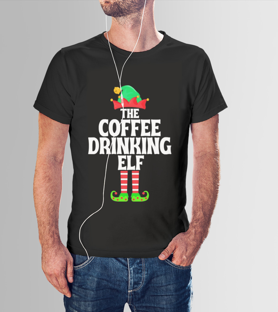 The Coffee Drinking Elf Red Green Jester Hat Striped Socks T-Shirt