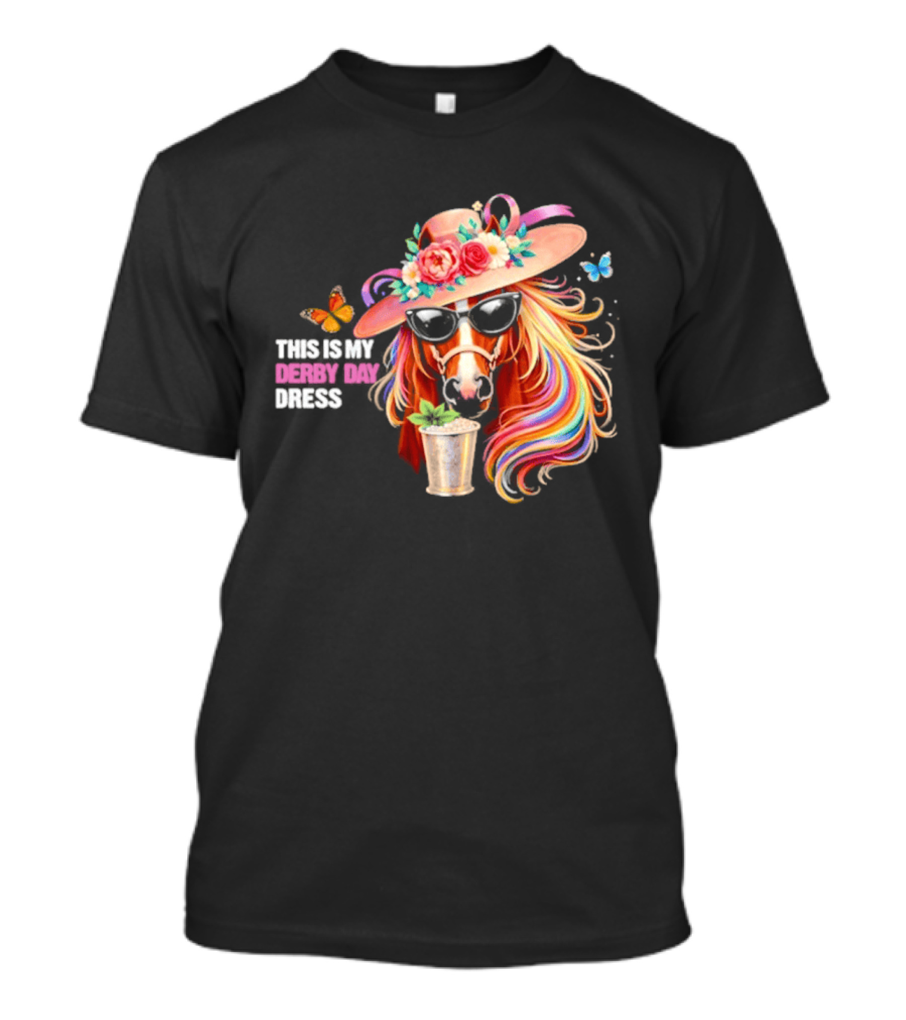 This Is My Derby Day Dress Horse Racing Party Butterfly Rainbow Hat Floral Cocktail T-Shirt