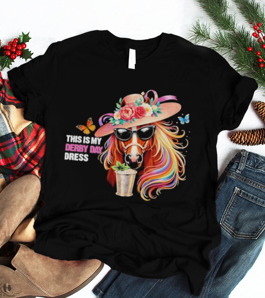 This Is My Derby Day Dress Horse Racing Party Butterfly Rainbow Hat Floral Cocktail T-Shirt