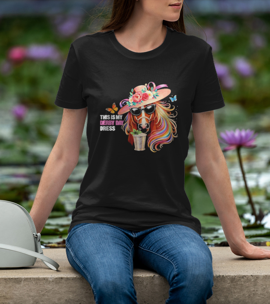 This Is My Derby Day Dress Horse Racing Party Butterfly Rainbow Hat Floral Cocktail T-Shirt