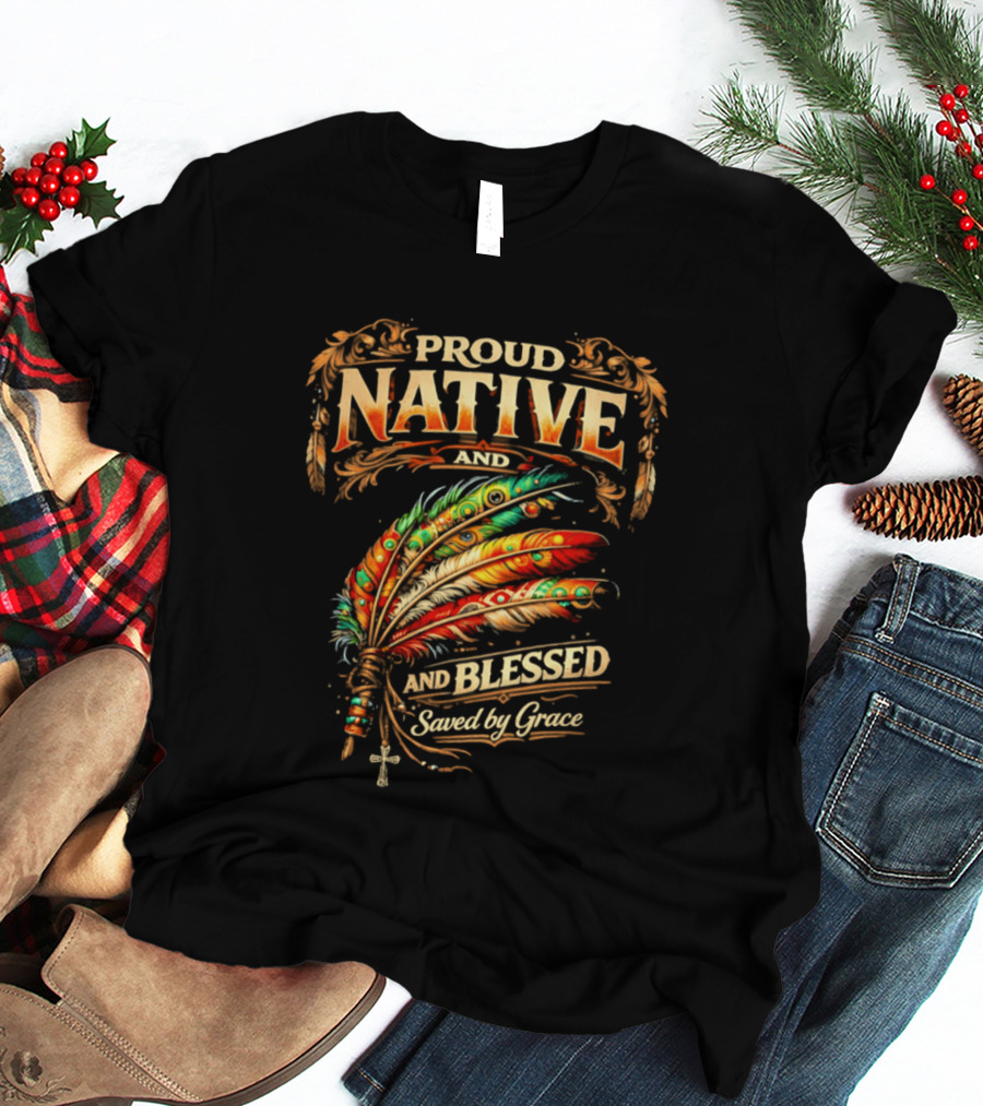 Proud Native And Blessed Saved By Grace Feather Motif T-Shirt
