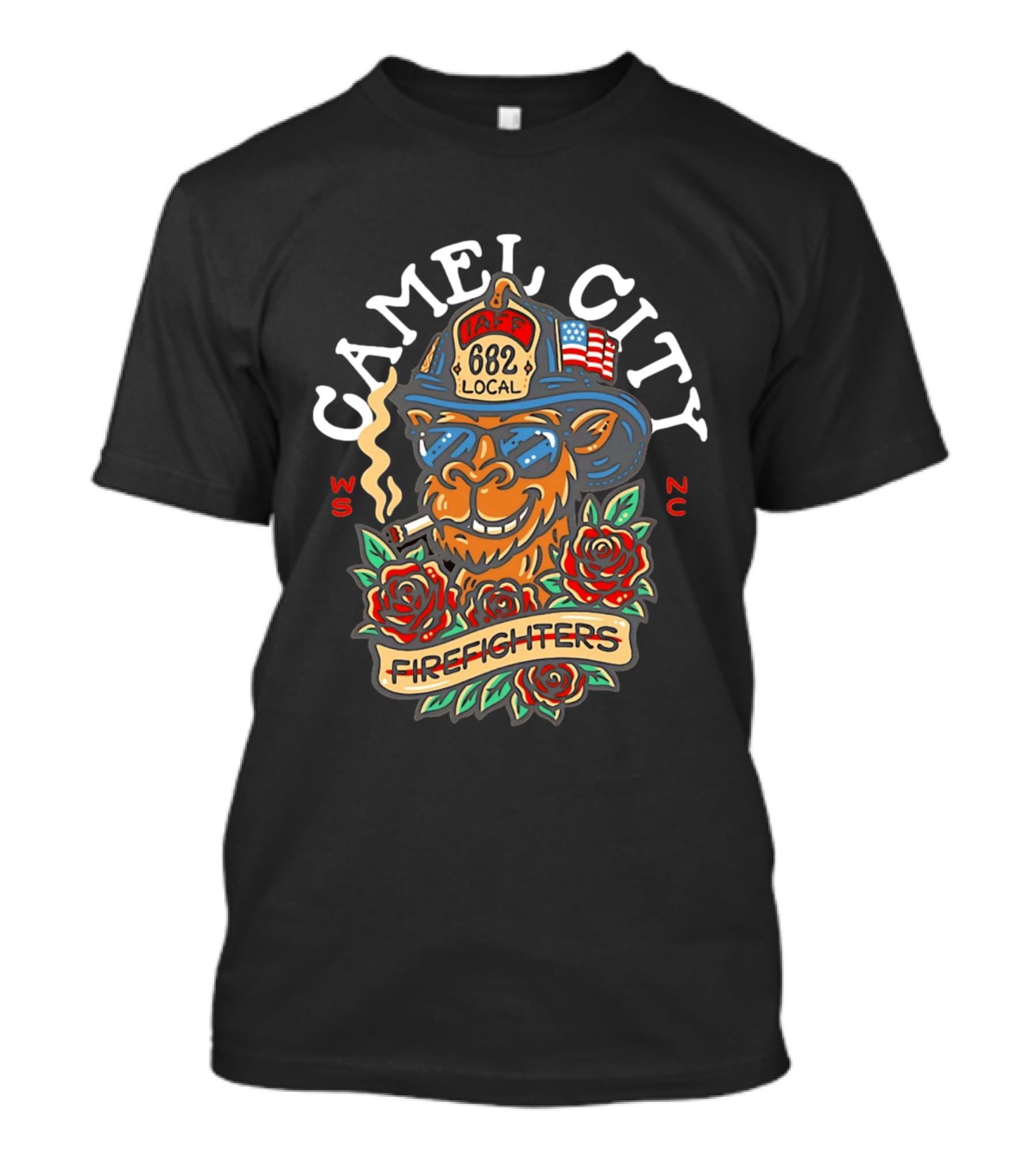 Camel City Local 682 Firefighters Smoking Camel With Roses USA Flag WS NC T-Shirt