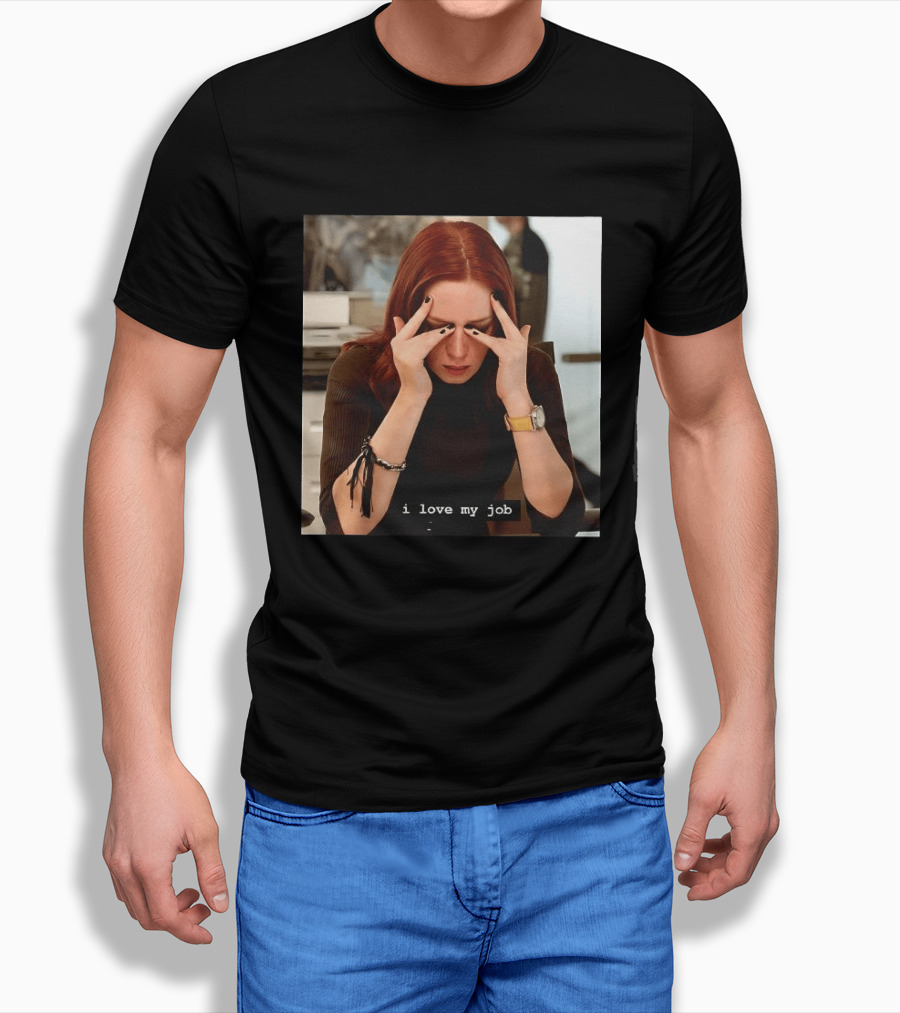 I Love My Job Stressed Woman With Red Hair Black Nails Yellow T-Shirt