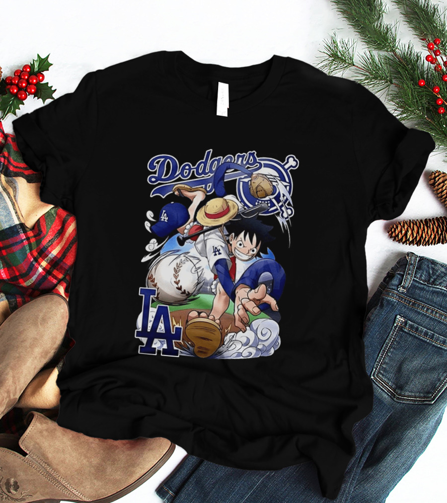 Luffy Los Angeles Dodgers One Piece Anime Crossover MLB Collaboration T-Shirt