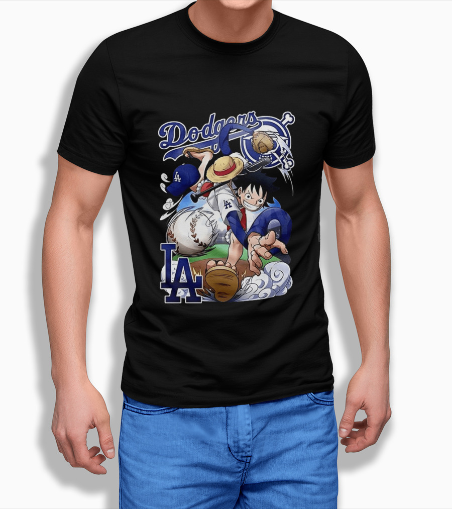 Luffy Los Angeles Dodgers One Piece Anime Crossover MLB Collaboration T-Shirt