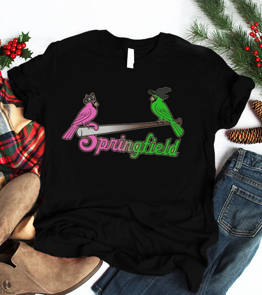 Springfield Cardinals Pink And Green Birds With Crown And Witch Hat Baseball Bat T-Shirt
