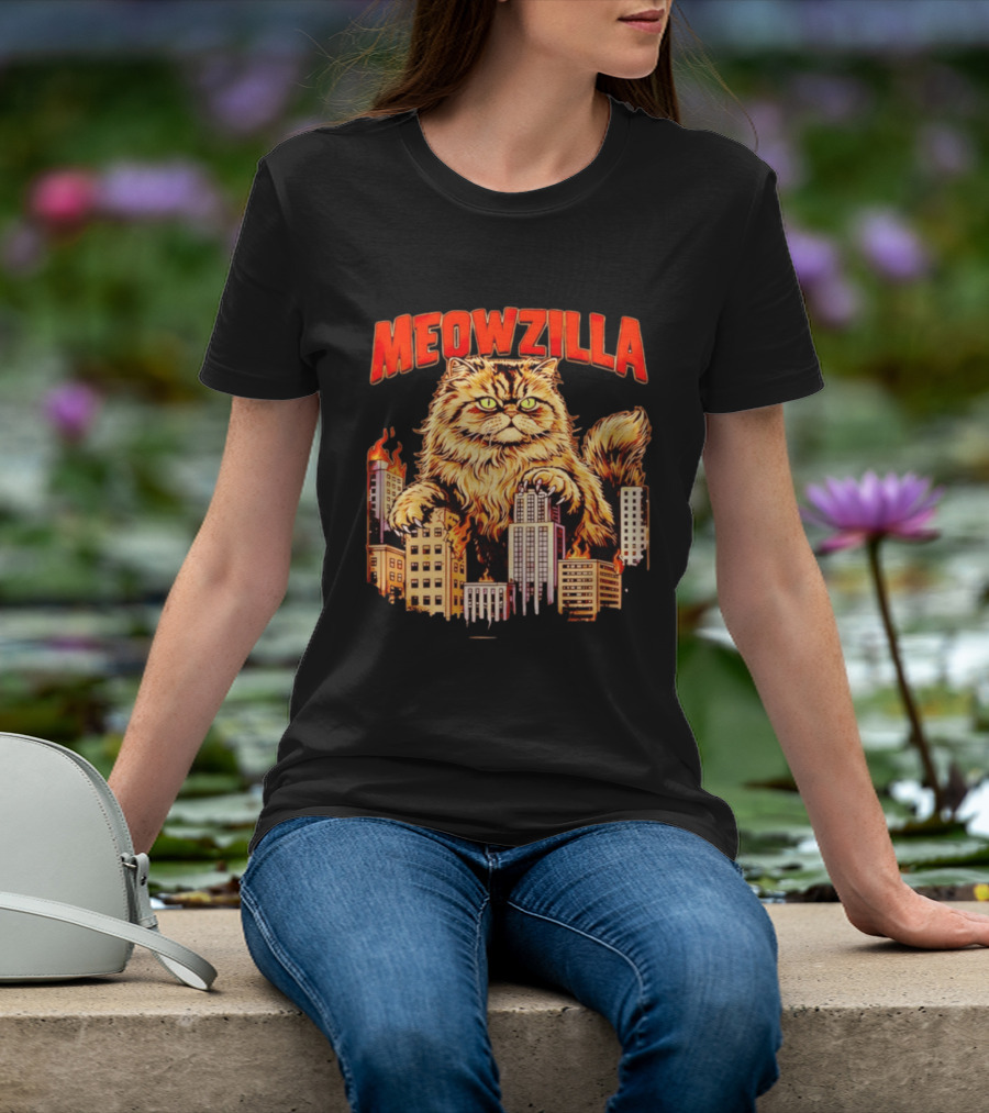 Meowzilla Giant Cat Rampage Over Burning City Skyline T-Shirt
