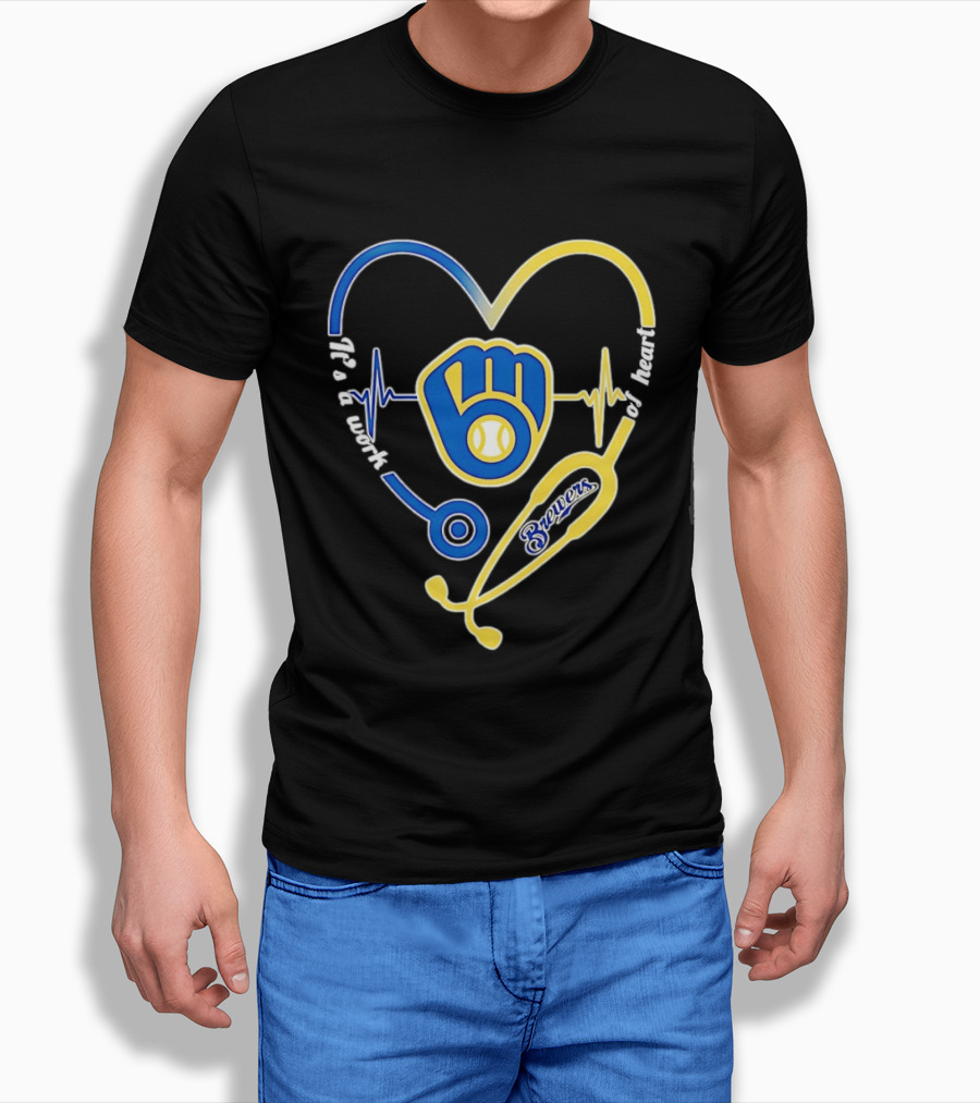 Milwaukee Brewers Baseball Heartbeat Stethoscope It's A Work Of Heart T-Shirt