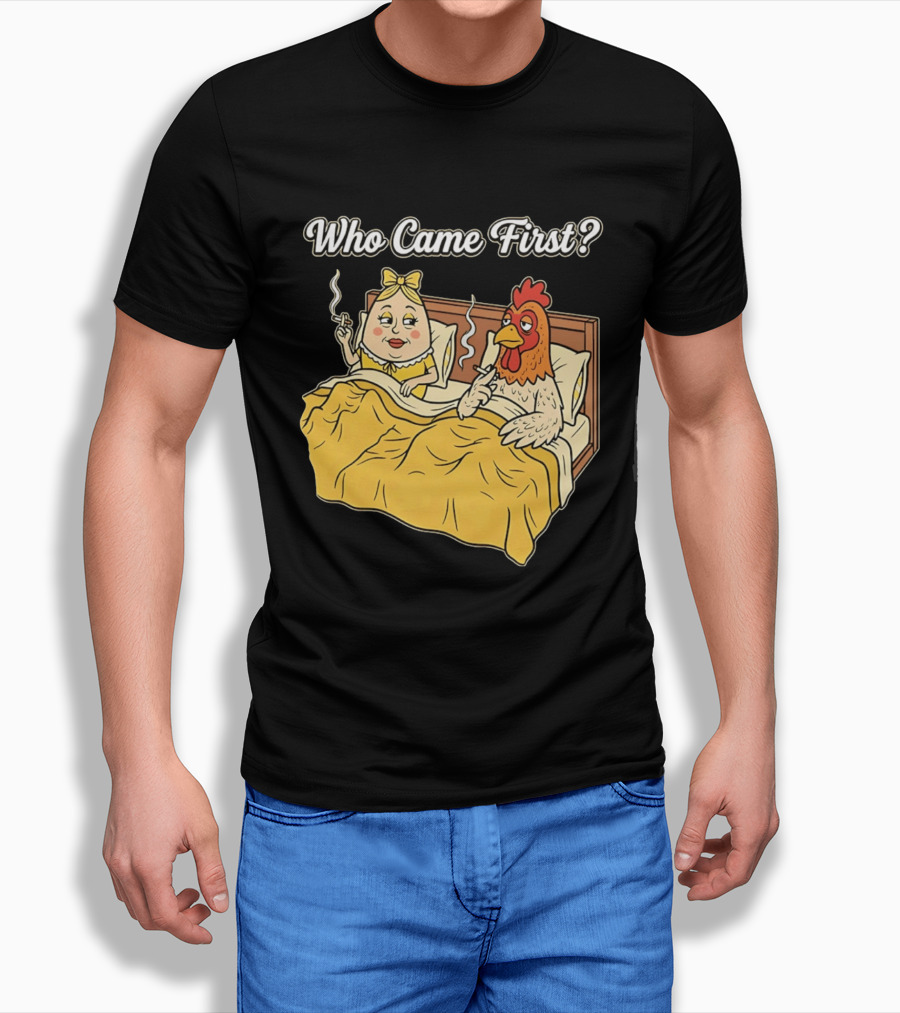 Who Came First Funny Chicken And Egg Bed Scene T-Shirt