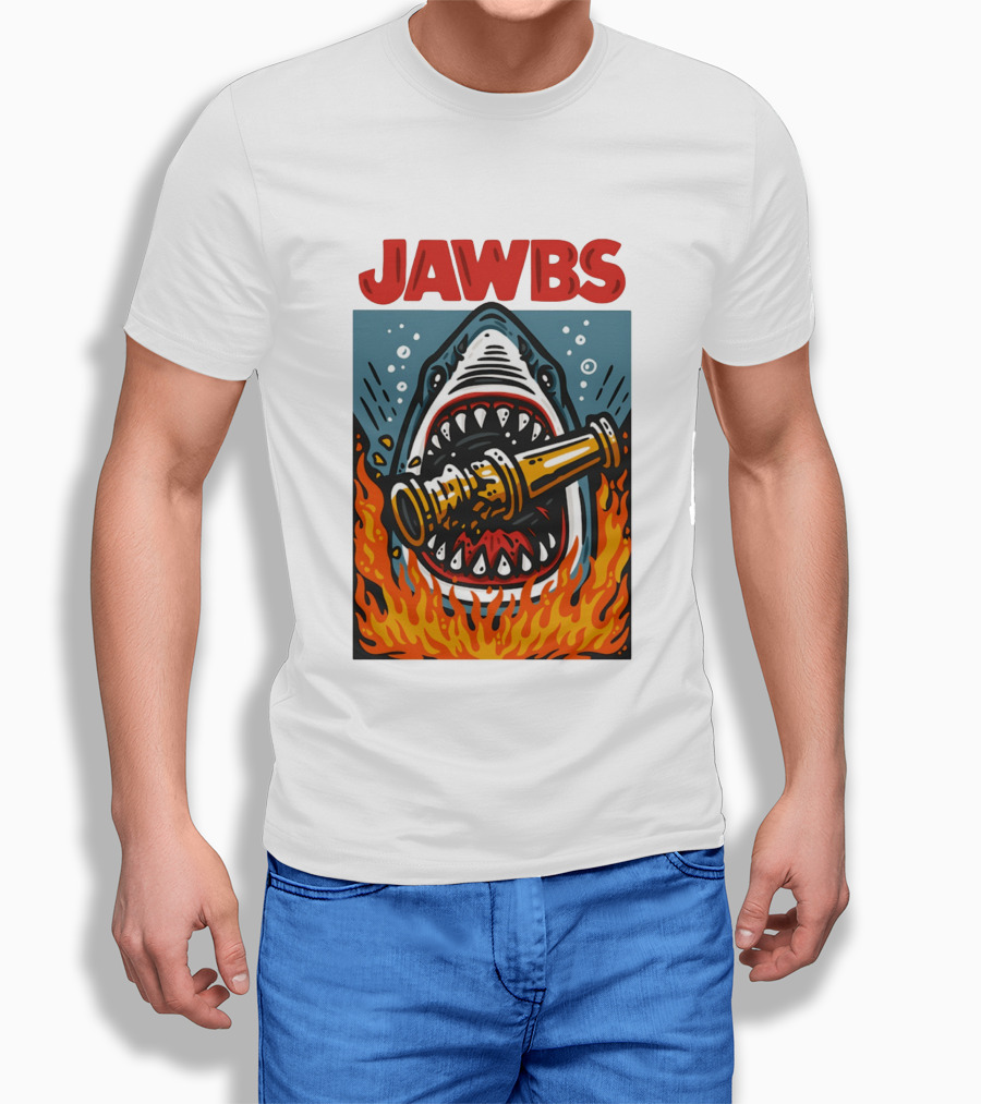 JAWS Jawbs Shark Biting Fire Hose Surrounded By Flames T-Shirt