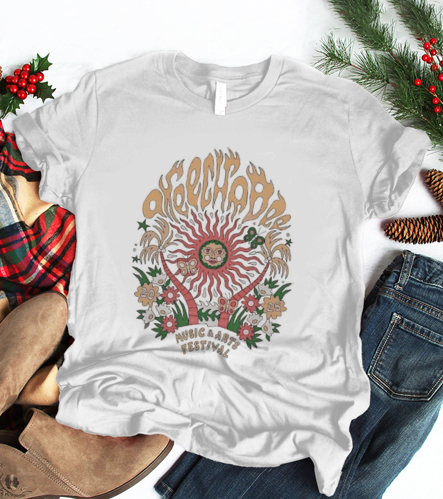 Okeechobee Music And Arts Festival 2026 Sun Illustration With Palm Trees And Floral Accents T-Shirt