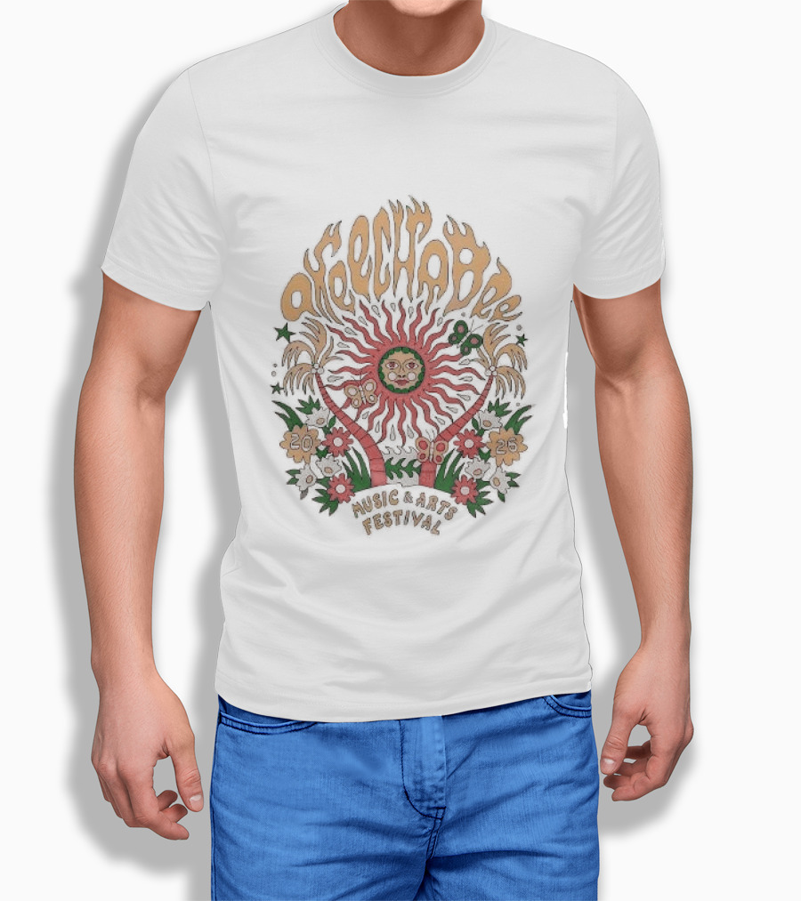 Okeechobee Music And Arts Festival 2026 Sun Illustration With Palm Trees And Floral Accents T-Shirt