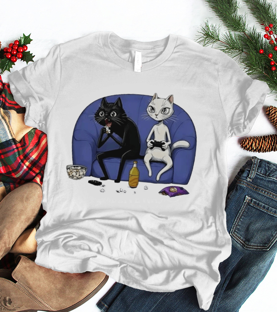 Two Cats One Couch Endless Fun Playing Games With Snacks And Popcorn T-Shirt