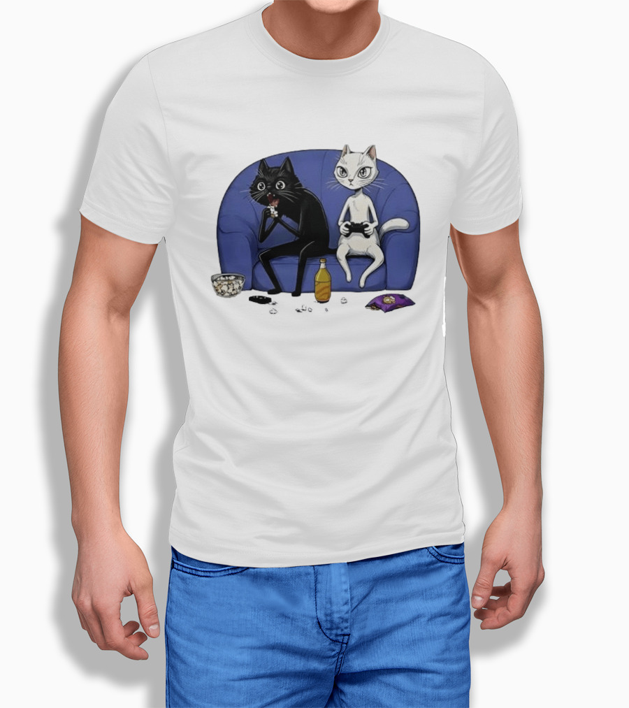 Two Cats One Couch Endless Fun Playing Games With Snacks And Popcorn T-Shirt